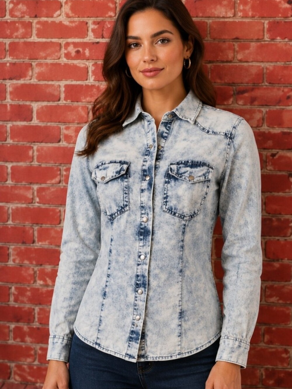 Ali Kris Tie Dye Blue Long Sleeve Pearl snap Buttons Women's Top Blouse Sz S